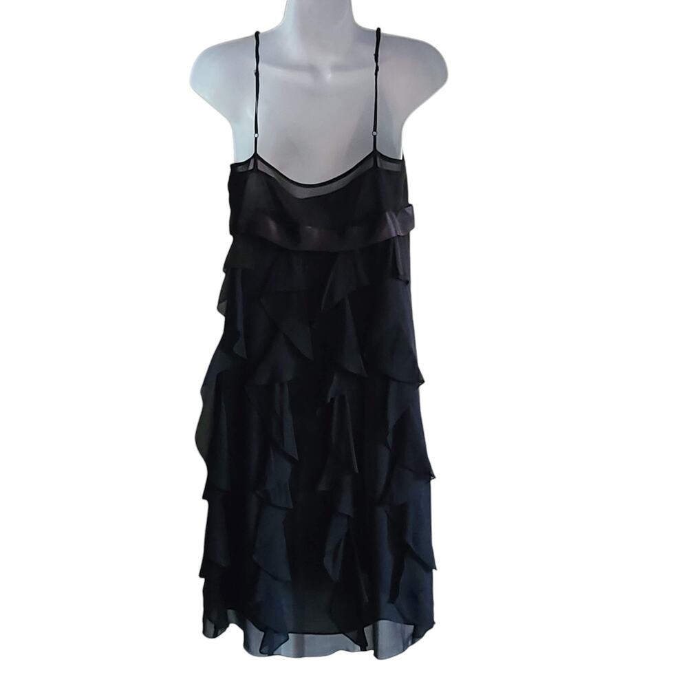 Adrianna Papell Black Halter Ruffle Midi Dress with Rhinestone Brooch - Picture 4 of 11
